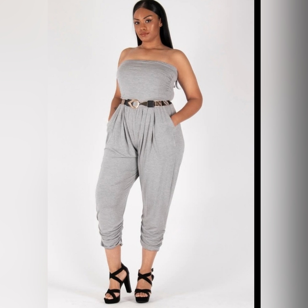 Strapless Gray Knit Jumpsuit with Pockets